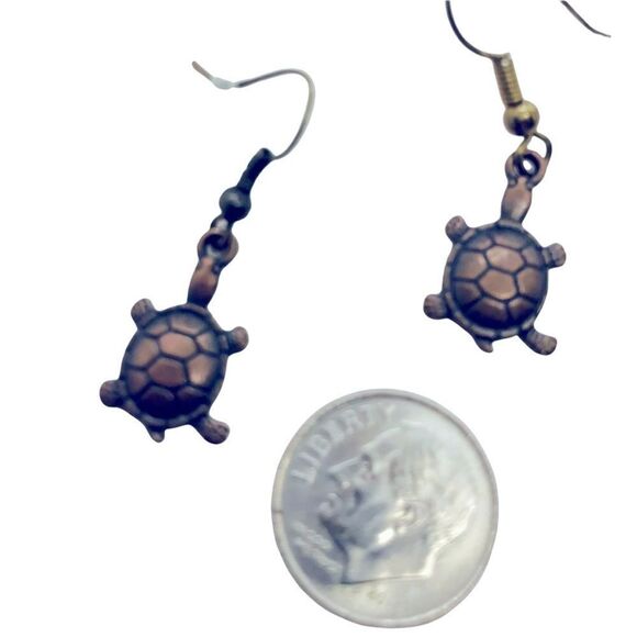 Turtle Antique Bronze Dangling Earrings Handcrafted Nautical Sea-life Coastal - Picture 6 of 9
